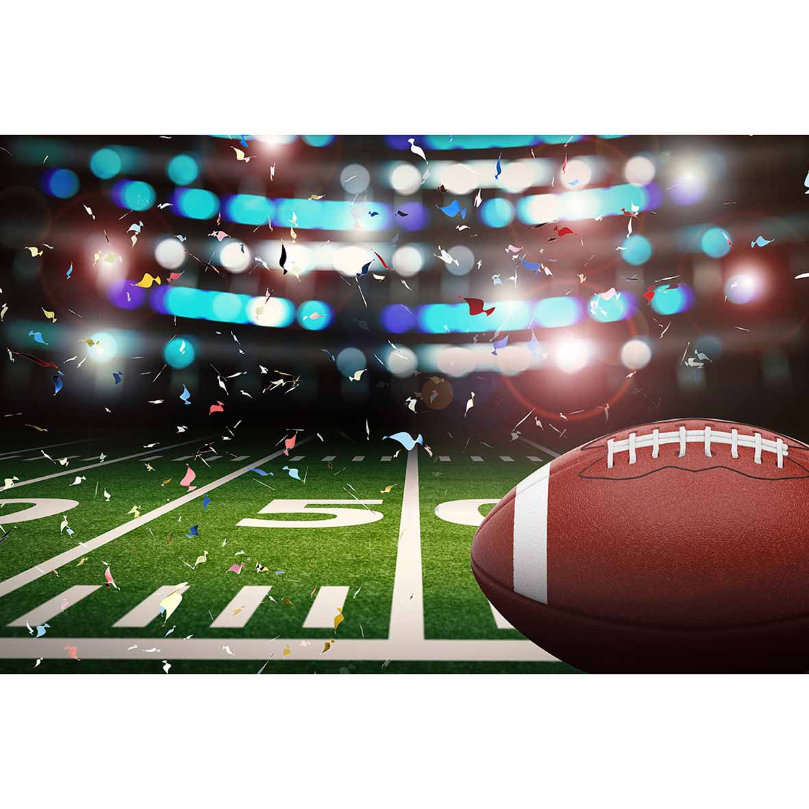 American football ball green field ribbons stadium backdrop background vinyl fond studio photo 