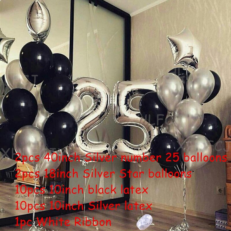 25pcs/lot 40inch Silver Number 25 Balloons Adult Birthday Party Decorations Kids Star Black Latex Helium Ballon Anniversary ball PartyDecorHQ