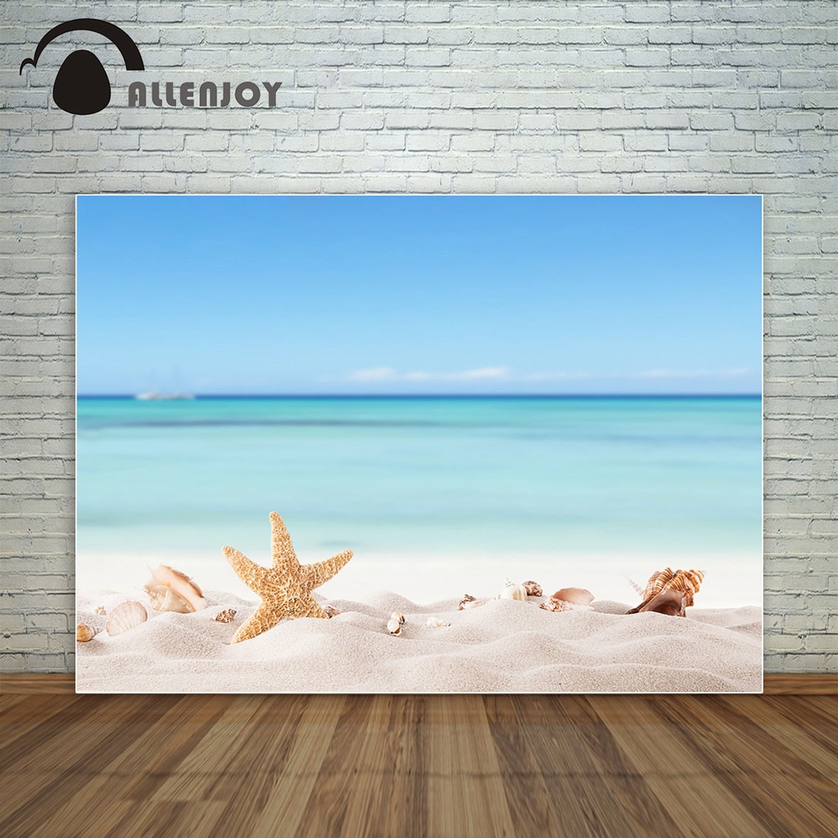 Sand starfish conch shell light blue sea water island summer beach background children photocall decorations fond 