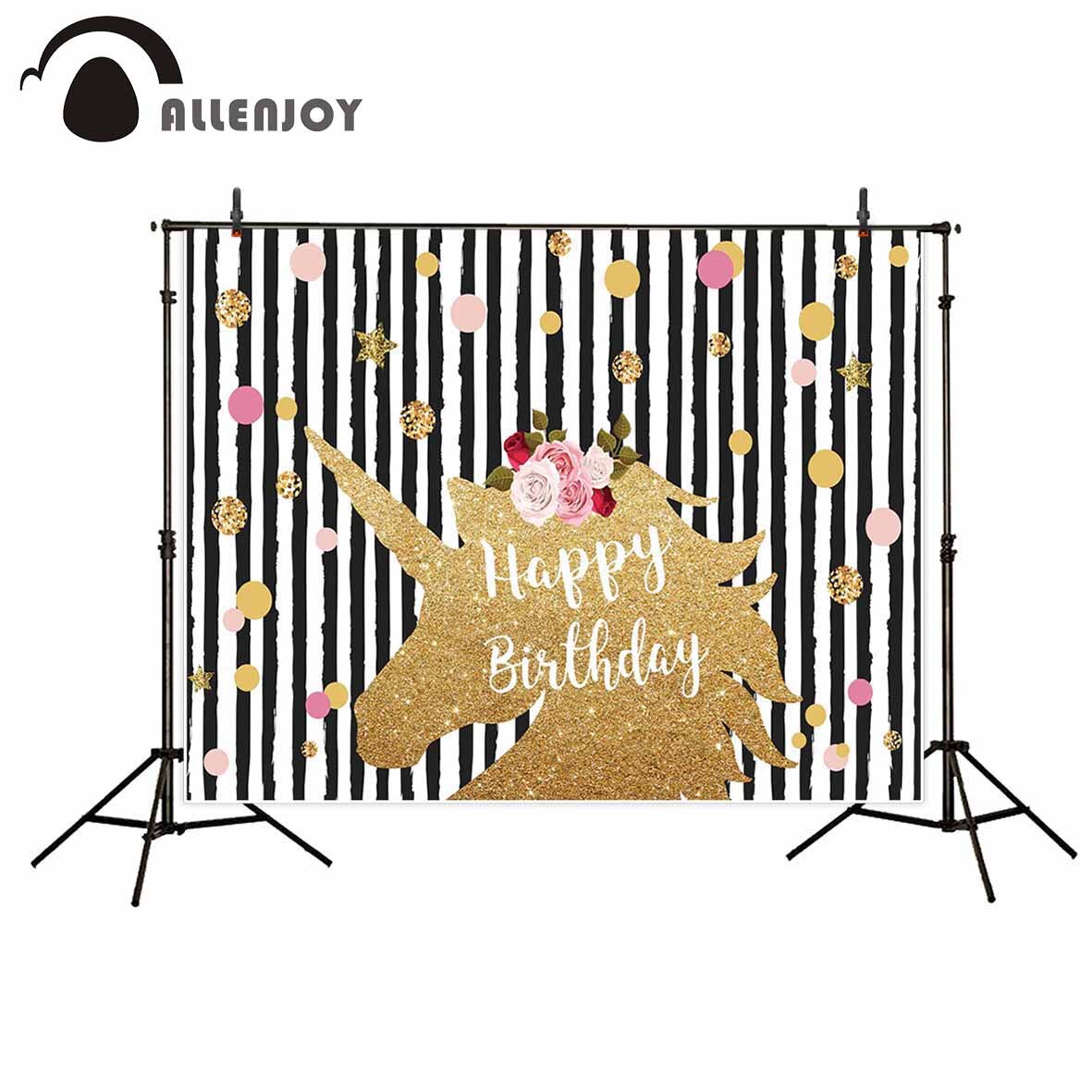 Golden shiny unicorn on black and white stripes with glitter stars birthday backdrop photocall for a photo shoot PartyDecorHQ