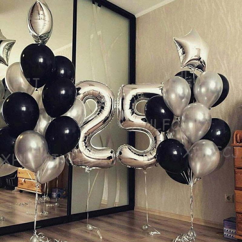 25pcs/lot 40inch Silver Number 25 Balloons Adult Birthday Party Decorations Kids Star Black Latex Helium Ballon Anniversary ball PartyDecorHQ