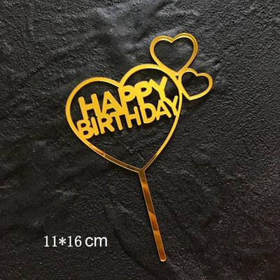 Happy Birthday Love Flag Cake Topper Acrylic Letter Gold Silver Top Decoration Party Wedding Supplies 