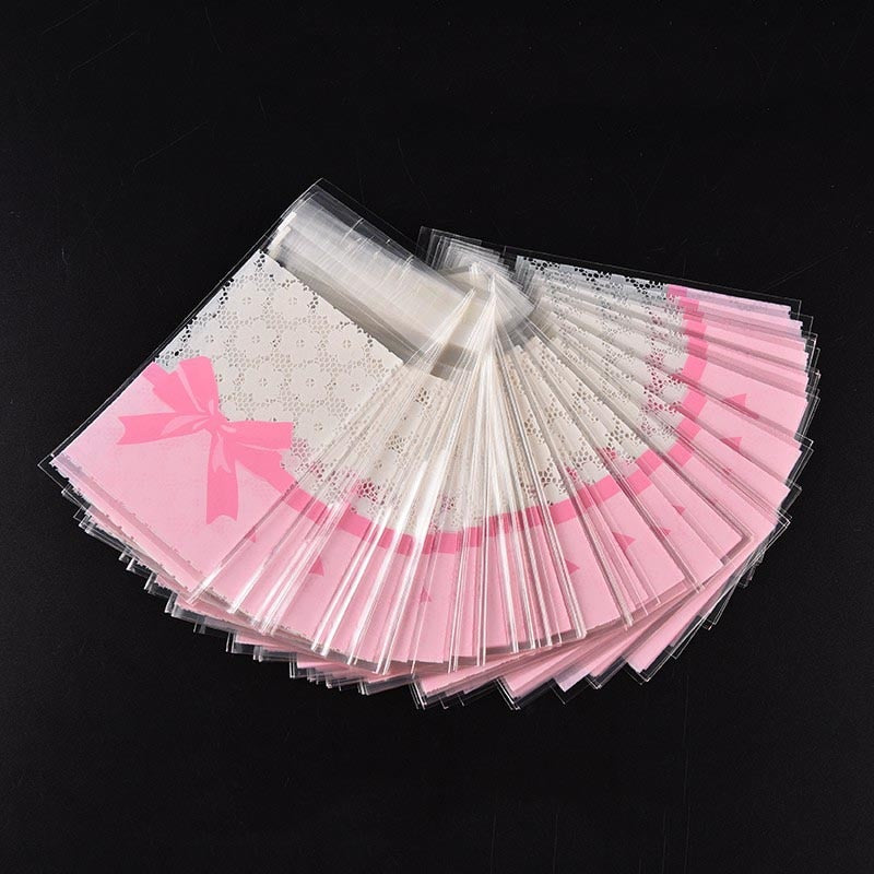 50 Pcs 7*10cm/7*7cm  Cute Pink Bow Design Cake Gift Packages OPP Bags Plastic Candy Cookies Biscuits Bags Wedding Party Supplies PartyDecorHQ