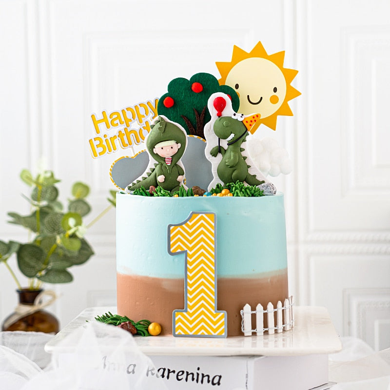 Lovely Dinosaur Baby Birthday Cake Decoration Soft pottery Dino One year old Baking Cakes Dessert Topper Top Insert Gifts 