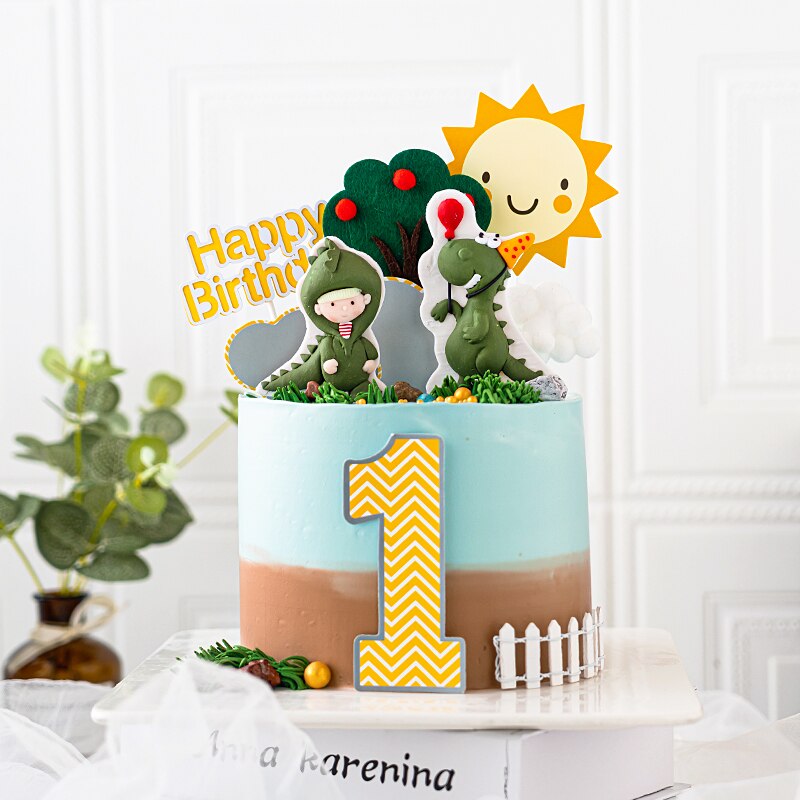 Lovely Dinosaur Baby Birthday Cake Decoration Soft pottery Dino Baby One year old Baking Cakes Dessert Topper Top Insert Gifts PartyDecorHQ