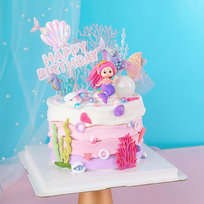 Baking Cake Decoration Luya Mermaid Princess Mermai Doll Decora Coral Seaweed Shell Ocean Theme Birthday Party Plugin 