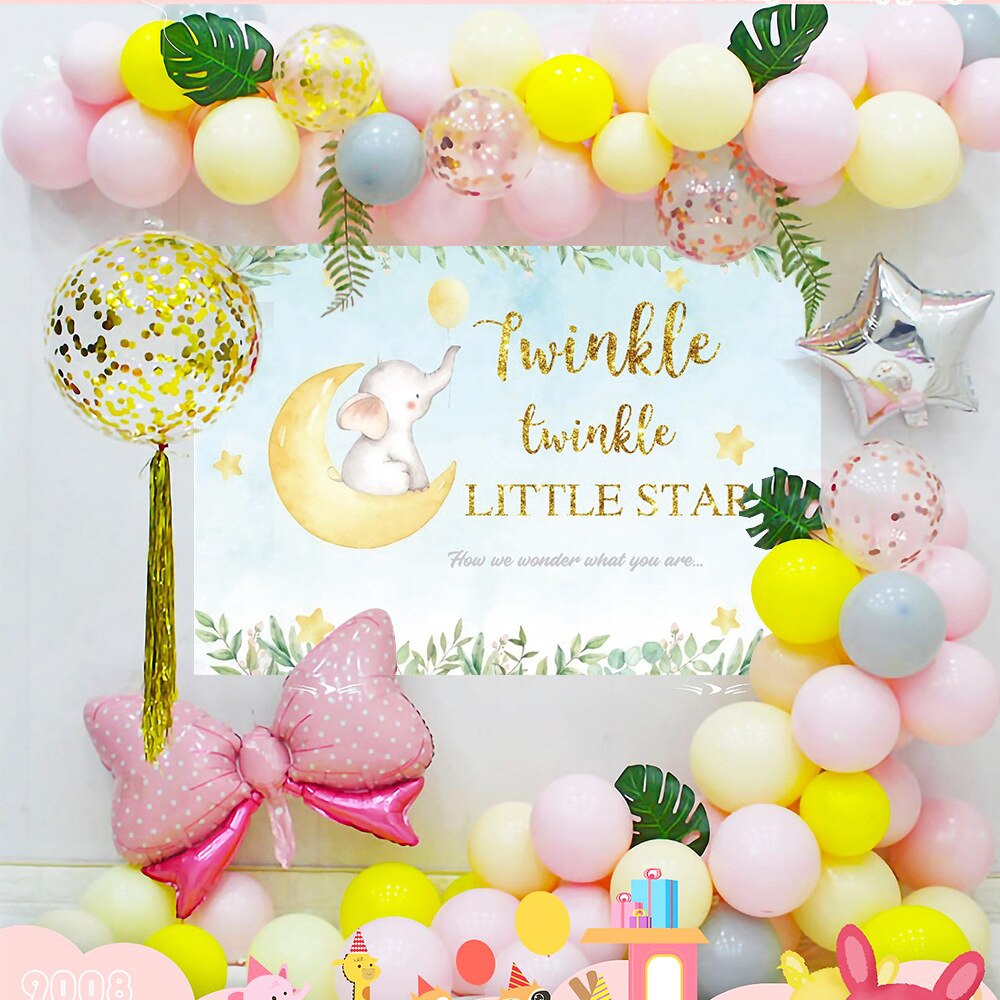 Birthday Party Decoration Pink Yellow Bowknot Star Foil Balloon Palm Leaves Background Girls Gender Reveal Baby Shower 