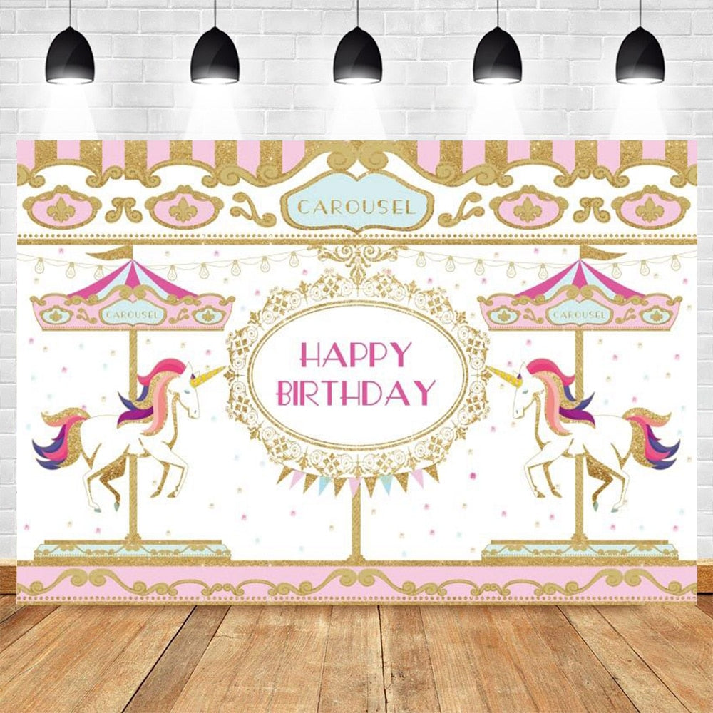 Happy Birthday Carousel Horse Photography Baby Party Decor Backdrop Photocall Background Photophone Photographic Photo Studio 