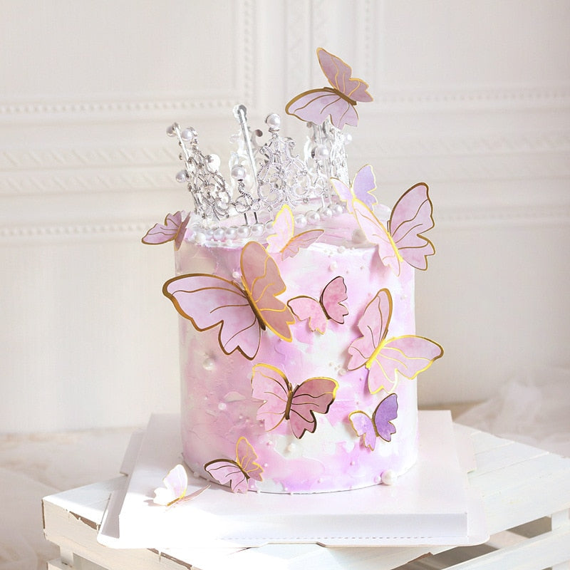 New Happy Birthday Cake Topper Butterfly Handmade Painted Decoration Tools Wedding Party Baby Shower 