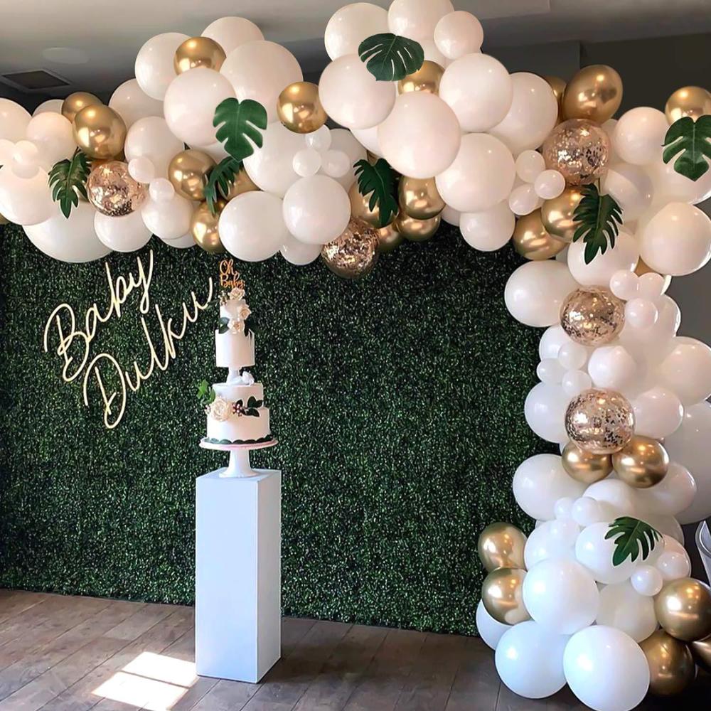 98pcs White And Gold Balloon Arch Kit For Birthday Party Wedding Decorations With Green Leaves White Arche Ballon Garland PartyDecorHQ