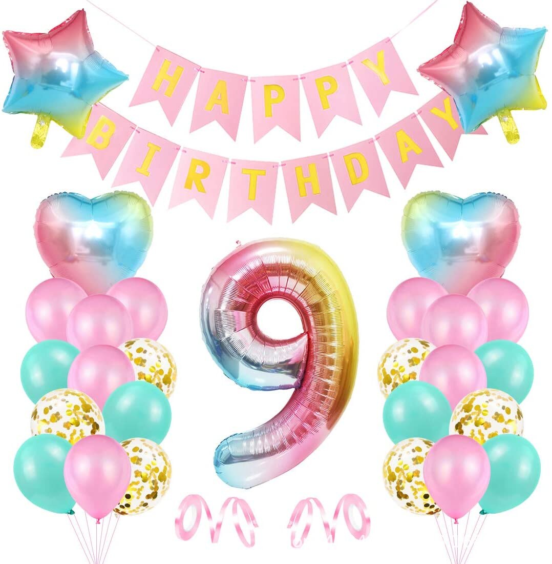 Gradient  Happy Birthday Balloon Set Decor 1-9 Years with Banner for Girls 1st 2nd 3rd Birthday Party Supplies Number Optional PartyDecorHQ