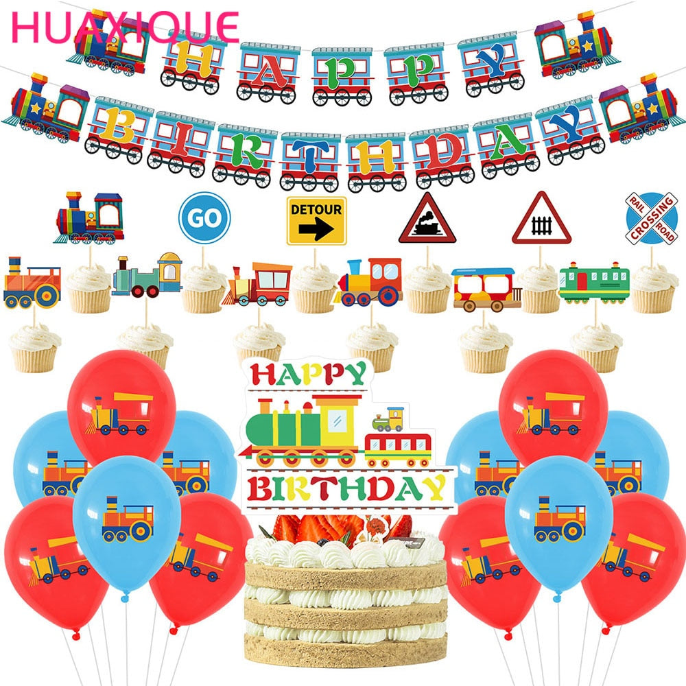 Railway Train Theme Letter Pull Flag Cake Insert Row Honeycomb Balloon Children's Party Home Decoration Supplies 