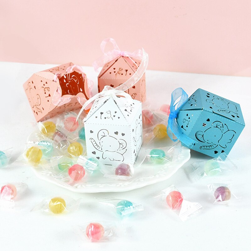 pcs Cute Elephant Laser Cut Candy Box Baby Shower Blue Pink Gift Packaging Boxes Ribbon Wedding Birthday Party Supplies 