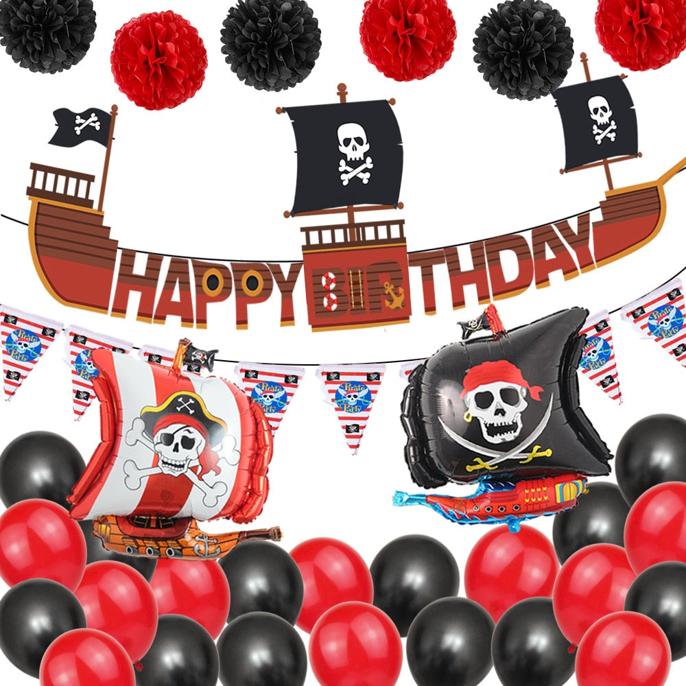 Pirate Theme Party Balloons Set Happy Birthday Banners Big Ship Foil Decoration Boy 