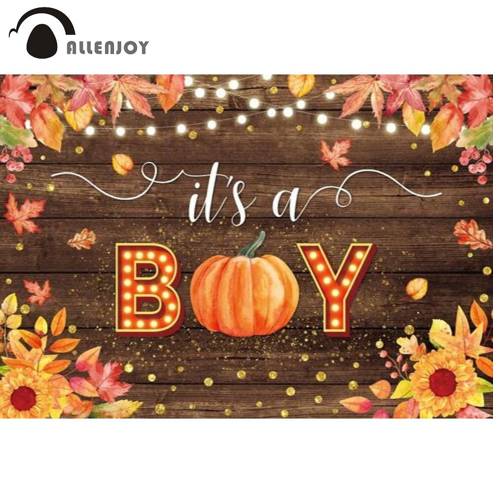 Boy Birthday Party Baby Shower Leaves Autumn Pumpkin Wood Backdrop Lights Banner Flower Gold Dots Photobooth Background 