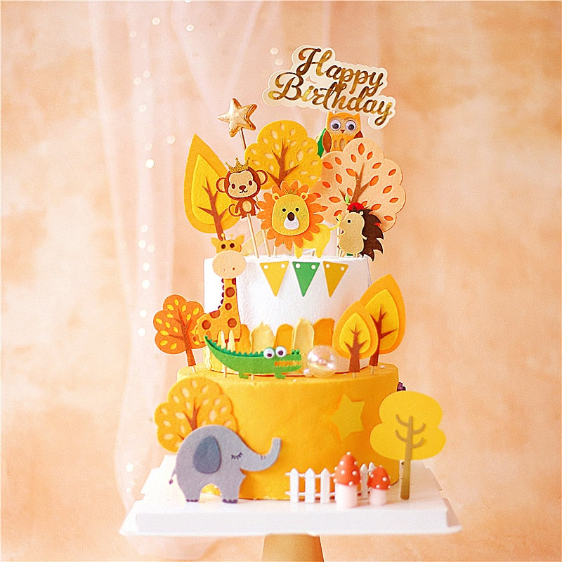 Cartoon Woodland Animals Lion Elephant Cake Topper Jungle Safari Cupcake Decor Cute Forest Loin Boy Birthday Hedgehog 