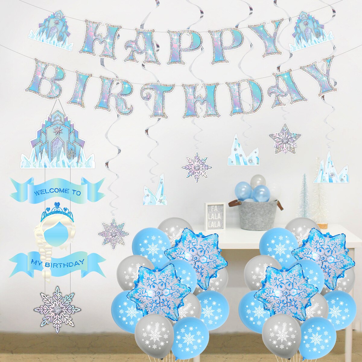 frozen Theme Birthday Party Decoration Silver Blue Set Girls st nd rd Hanging Spiral Snow Foil Balloons 