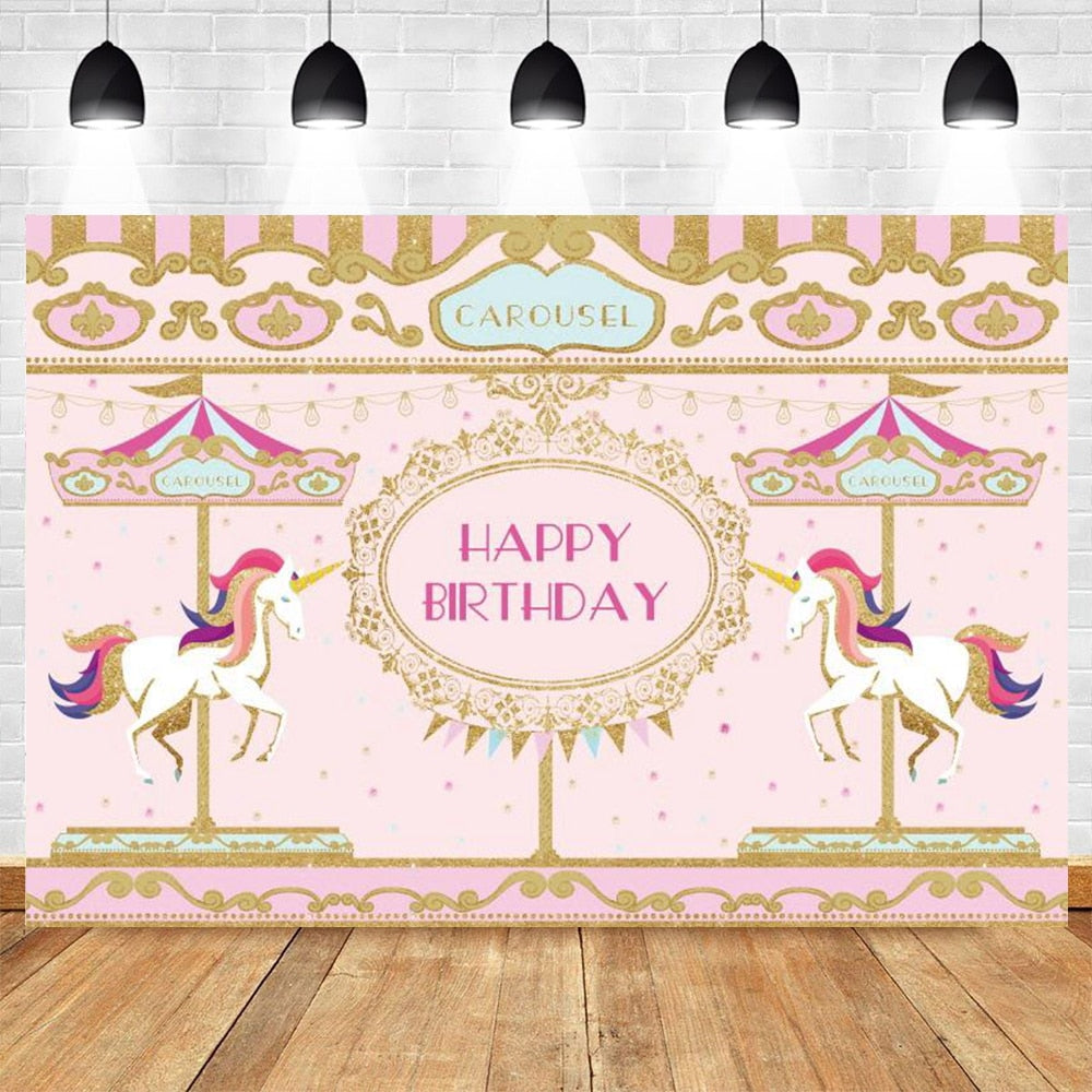 Happy Birthday Carousel Horse Photography Baby Party Decor Backdrop Photocall Background Photophone Photographic Photo Studio 