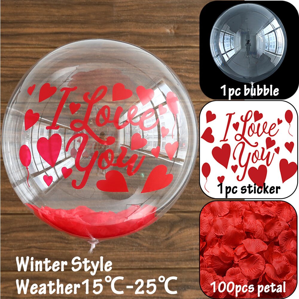 Set Red Rose Petal Feather Filling Transparent Bubble Balloons Sticker Valentines Day Gift Wedding Decorations Helium Ball 