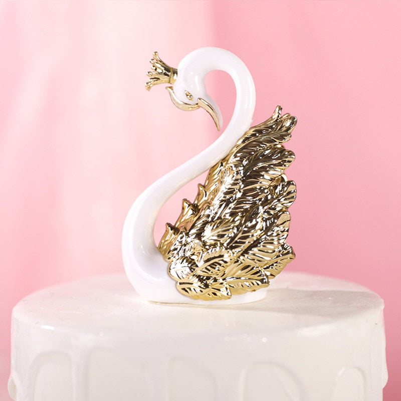 1 Pair Romantic Crown Swan Cake Topper Flamingo Cake Dessert Baking Decor Ornament Birthday Wedding Cake Decoration Supplies-PartyDecorHQ