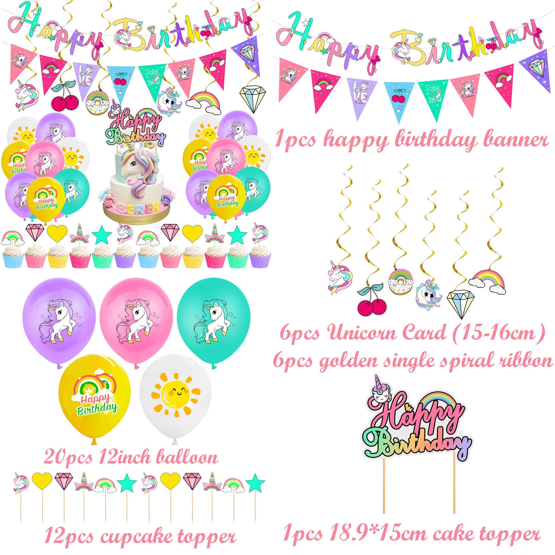 Unicorn Balloon Set Happy Birthday Banner Print Latex Cake Topper Girl st nd rd Party 