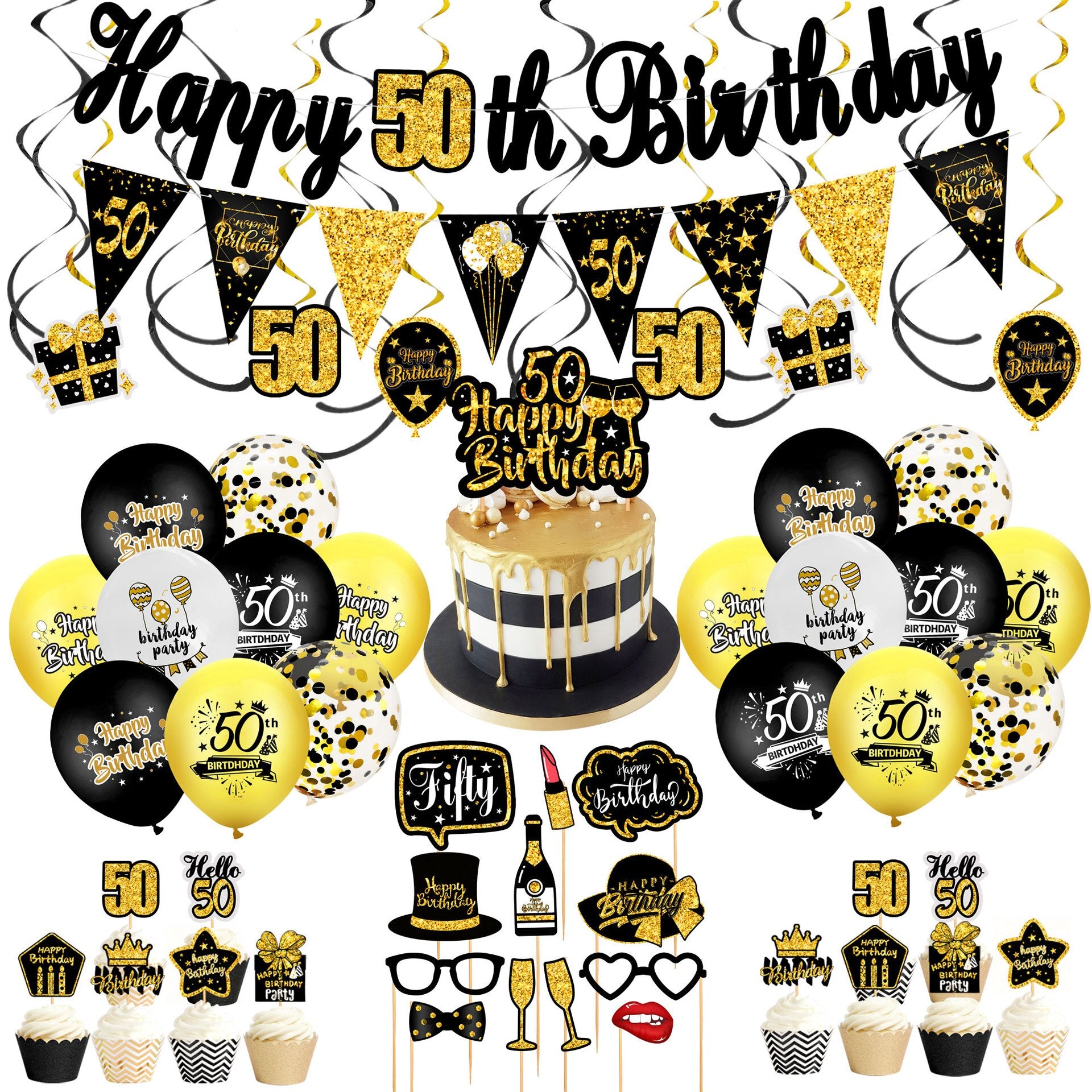 Birthday Balloon Arch Kit Back Gold Glitter Banner Photo Props CakeTopper Men Women th Party Decoration 