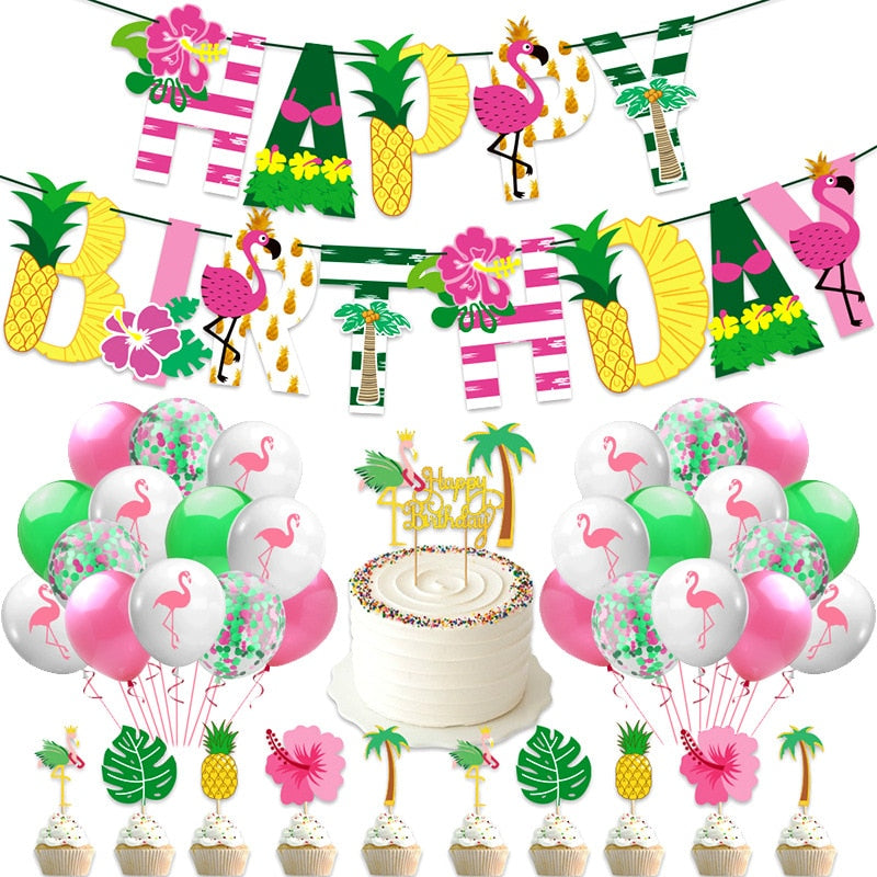 Hawaii Theme Birthday Party Decoration Happy Banner Flamingo Cake Topper Pineapple Balloon Girl 