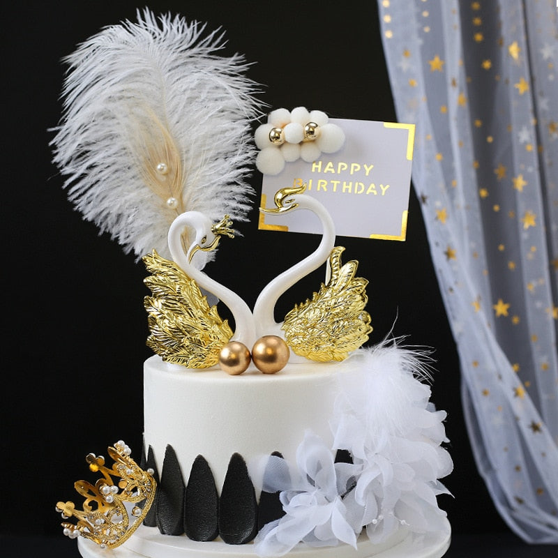 Gold Silver Flamingo Birthday Cake Topper Peacock Feather Wedding Party Dessert Flags Picks Crown Anniversary Cupcake Decoration 