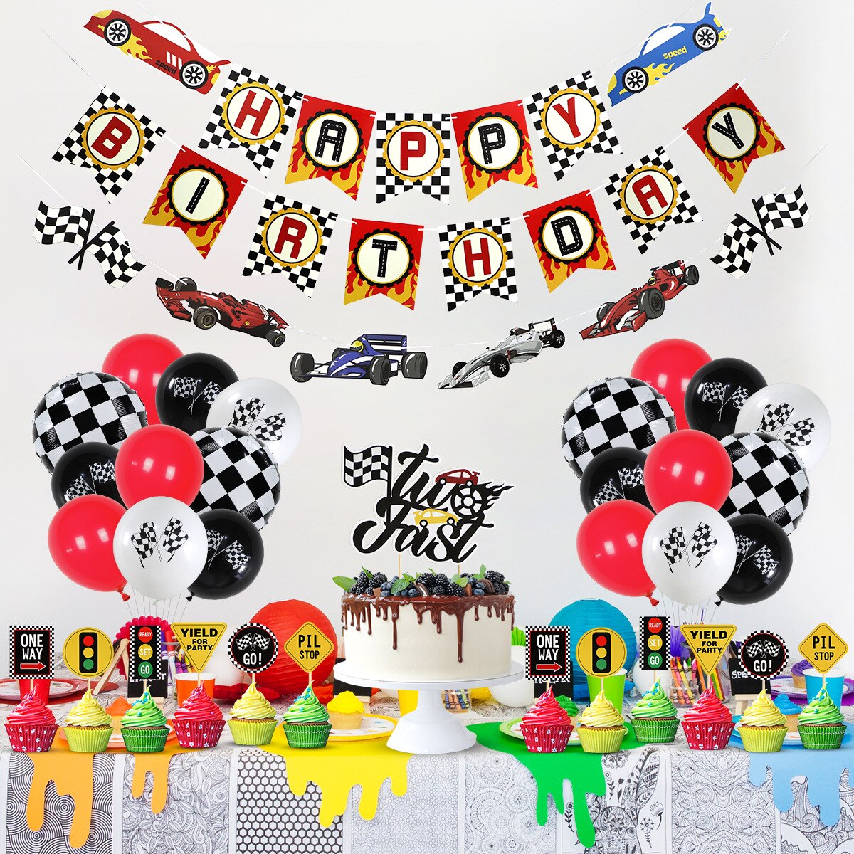 Racing Theme Birthday Party Decoration Black White Grid Balloon Set Boys Shape Cake Topper Sticker Banner 