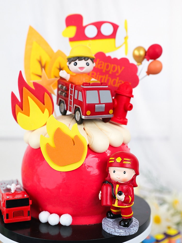 Cartoon Boy Fire truck Doll Ornaments Cake Topper Children's Birthday Party Extinguishing Hero Decoration Cakes Baking 