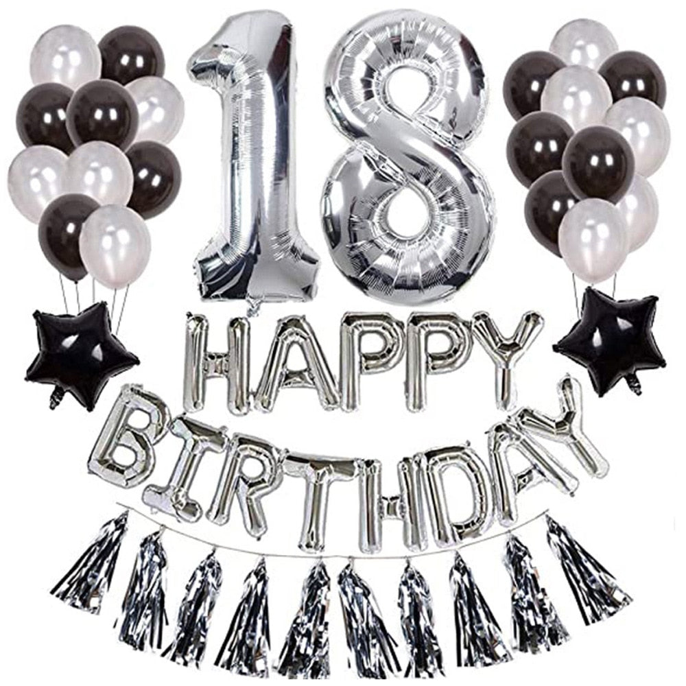 Black Silver Latex Balloon Set Happy Birthday Party Decoration Number Foil Tass Boys th 