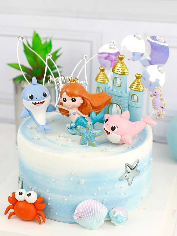 Happy Children Birthday Party Mermaid Decoration Supplies Underwater World DIY Handmade Acrylic Shark Card Plug-in Cake Toppers 