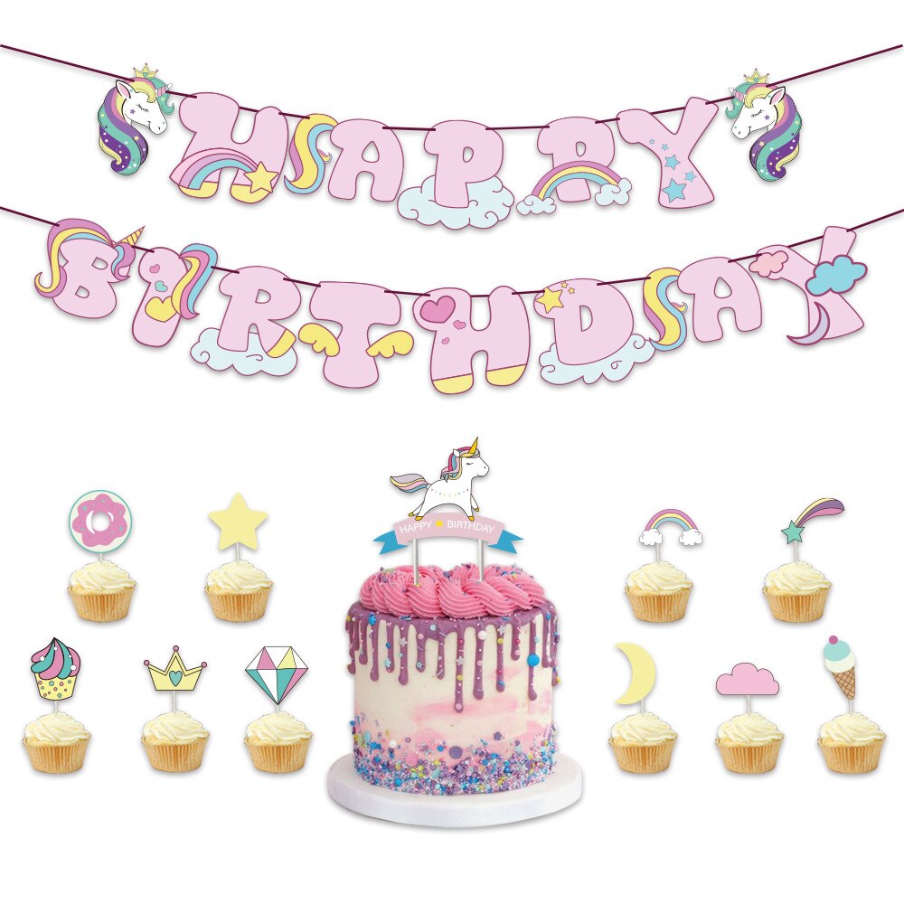 Unicorn Theme Party Decoration Balloon Set Paper Banner Cake Topper Kids Girl Birthday Supplies 