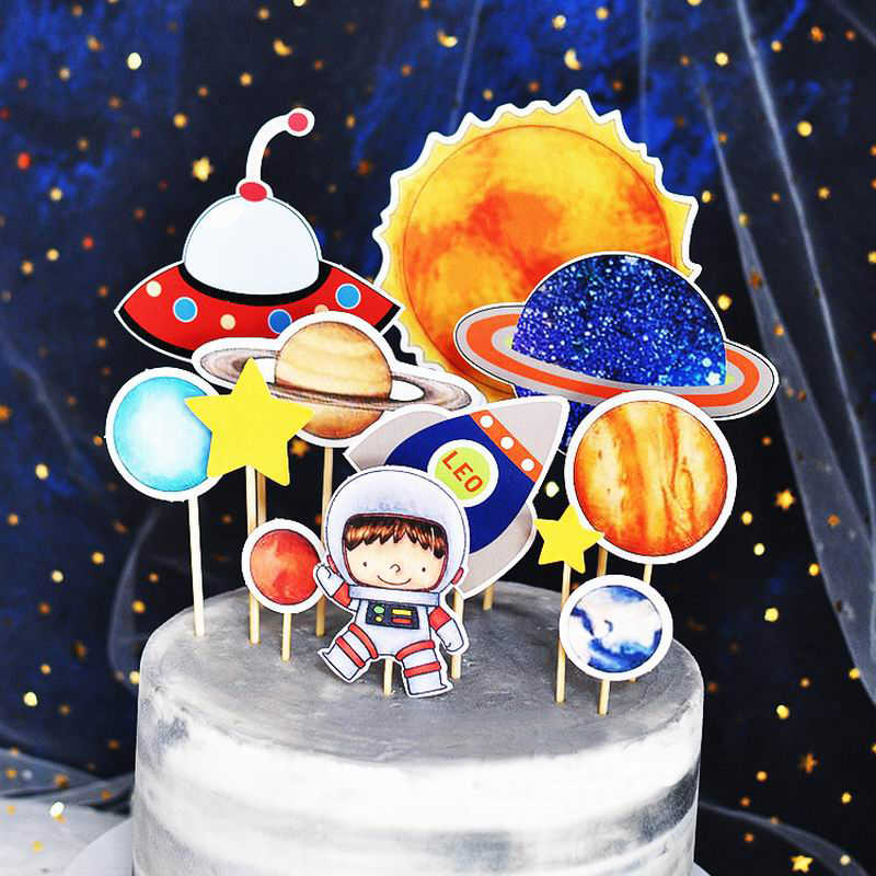 set Outer Space Dinosaur Animal Cake Topper Galaxy/solar System Jungle Theme Party Cupcake Top Kid's Birthday Baking Suppy 