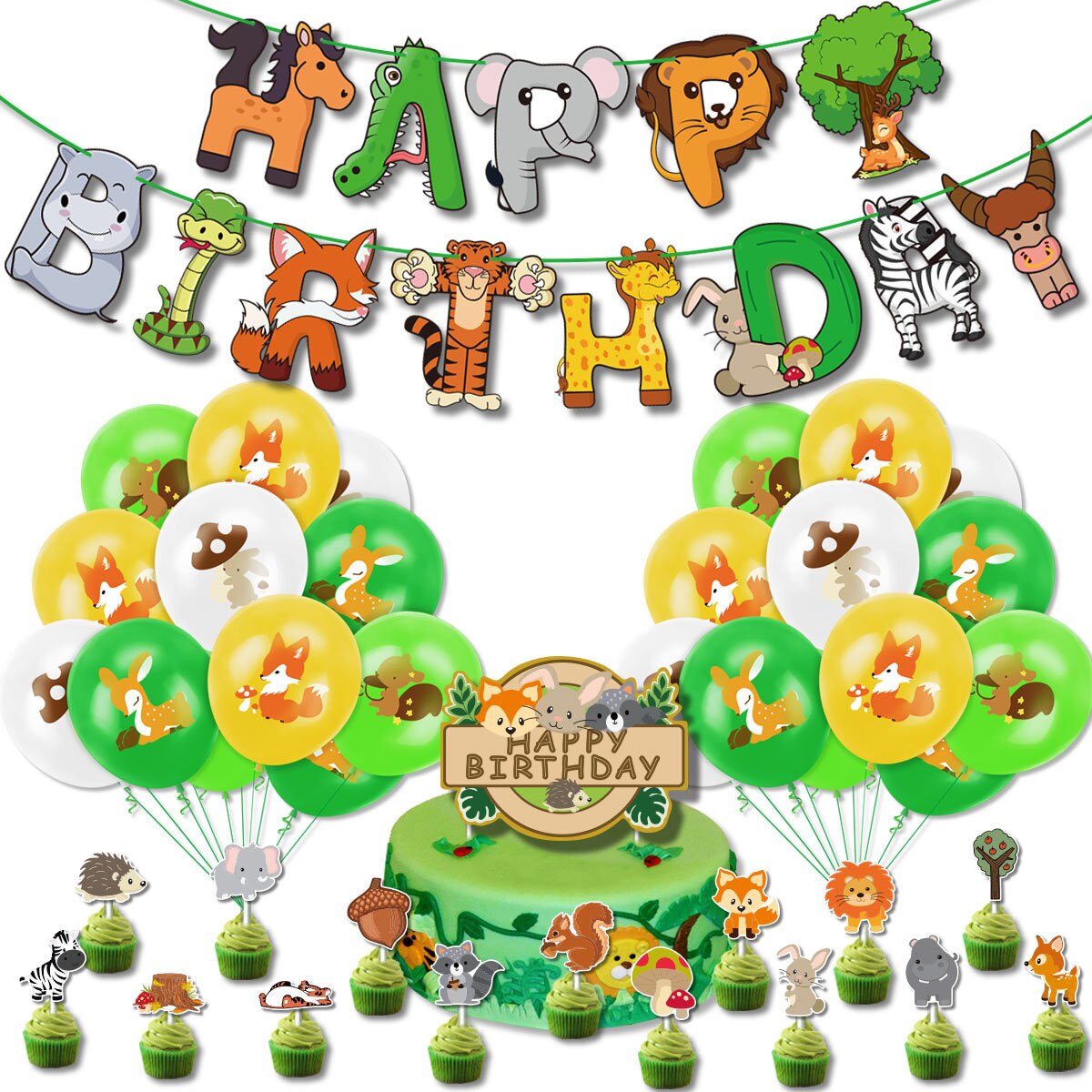 Jungle Animal Theme Party Decoration Banner Cartoon Tiger Cake Toppers Printing Hedgehog Fox Foil Balloons kids Birthday 