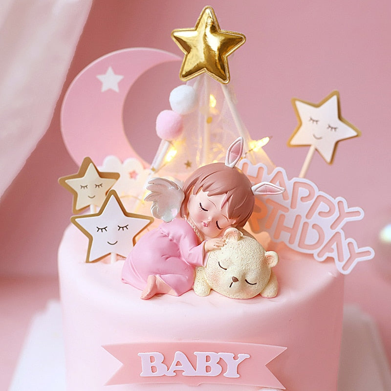 Clouds Moon Stars Sleeping Girl Decoration Angel Feather Cake Toppers Happy Children's Day Birthday for Party Supplies Gifts PartyDecorHQ