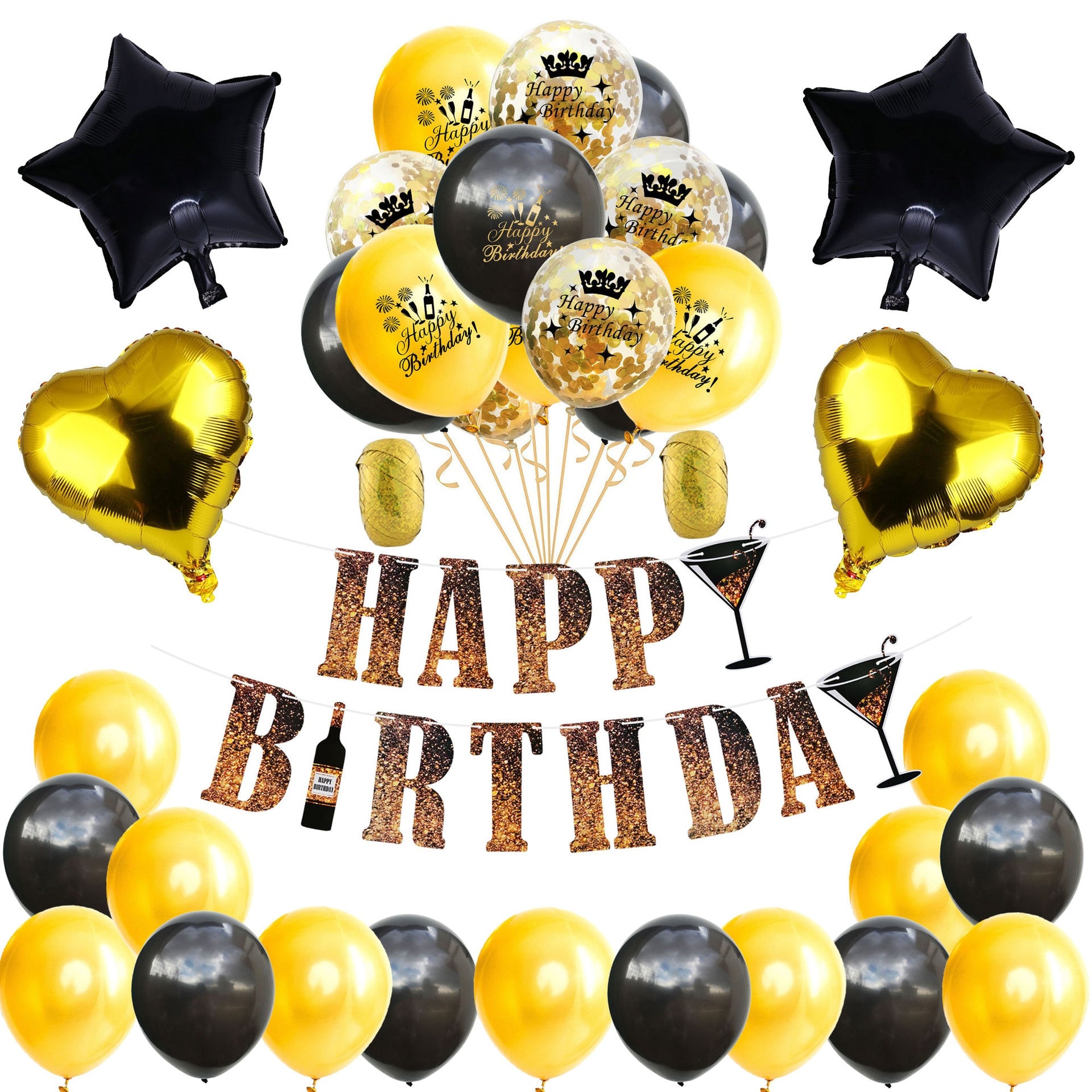 Gold Black Happy Birthday Banner Balloon Set Star Heart Foil st- th Boy Girl Men Women Decoration Inflatable Party Decorations