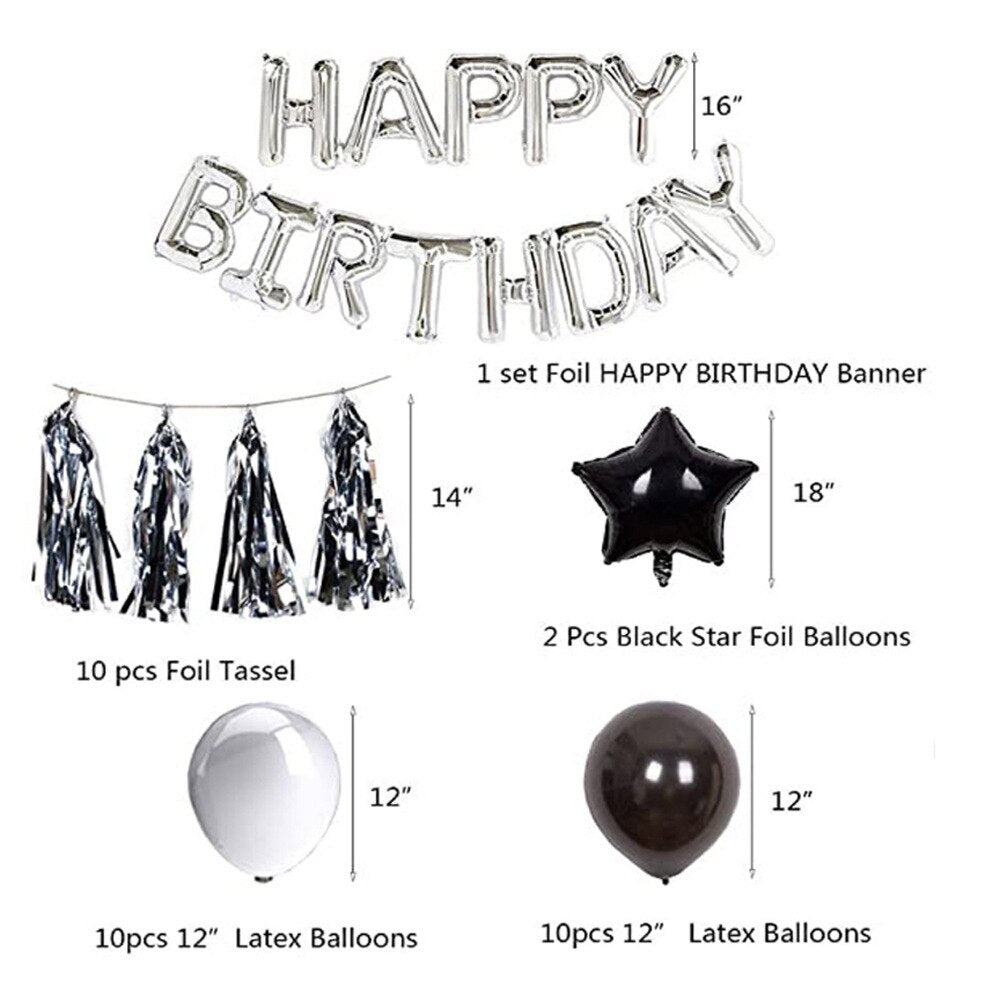 Black Silver Latex Balloon Set Happy Birthday Party Decoration Number Foil Tass Boys th 