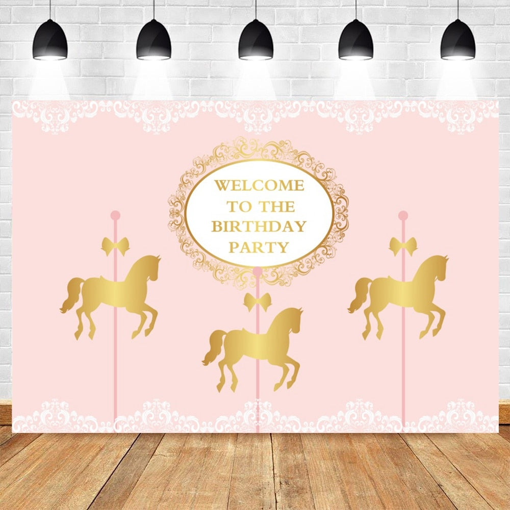 Happy Birthday Carousel Horse Photography Baby Party Decor Backdrop Photocall Background Photophone Photographic Photo Studio 