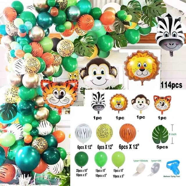 Jungle Wildlife Aluminum Foil Balloon Garland Baby Shower One Year Old Birthday Decoration Green Arch Kit Party Supplies Inflatable Decorations