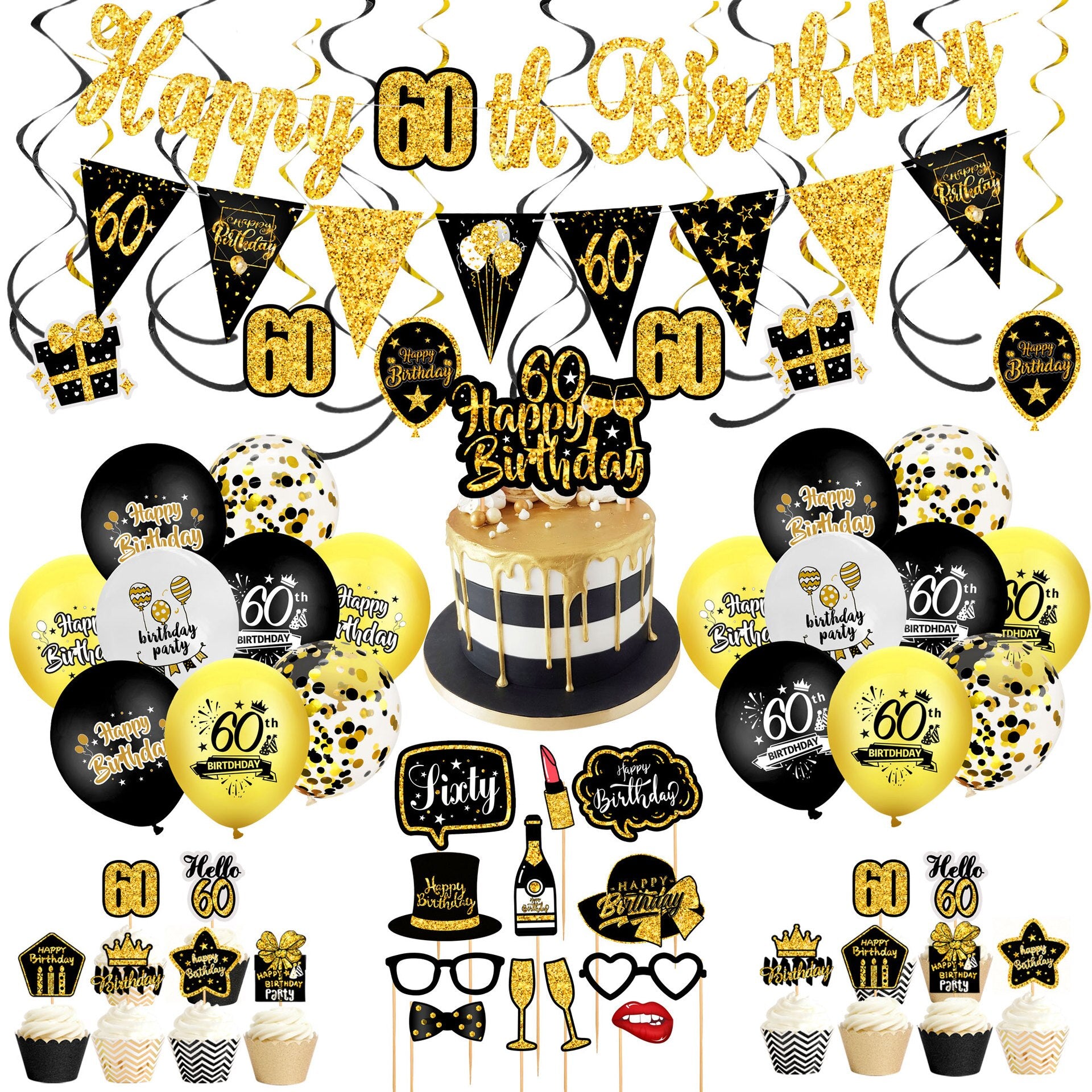 Birthday Balloon Arch Kit Back Gold Glitter Banner Photo Props CakeTopper Men Women th Party Decoration 