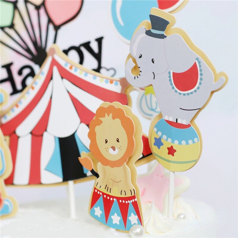 Circus Monkey Clown Elephant Clay Cake Decoration Hollow Star Ball Happy Birthday Cake Topper for Boy Girl Baking Supplies Gifts PartyDecorHQ