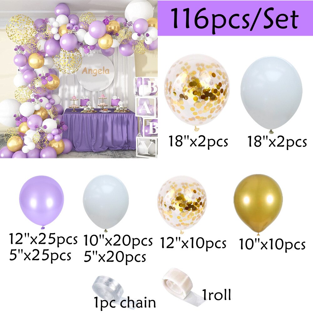 116pcs/Set Purple White Balloon Garland Kit Arch Gold Confetti Metallic Balloons Wedding Baby Shower Birthday Party Decorations PartyDecorHQ