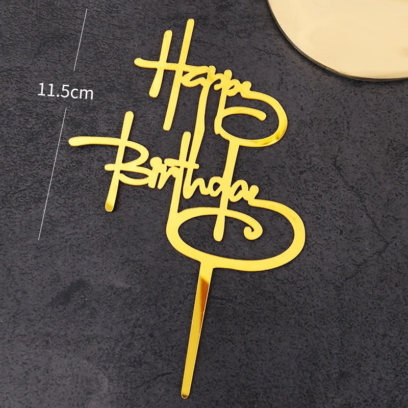 PC Happy Birthday Cake Topper Gold Black Silver Acrylic Flag Personalise happy birthday Letter Toppers Baking Decoration 