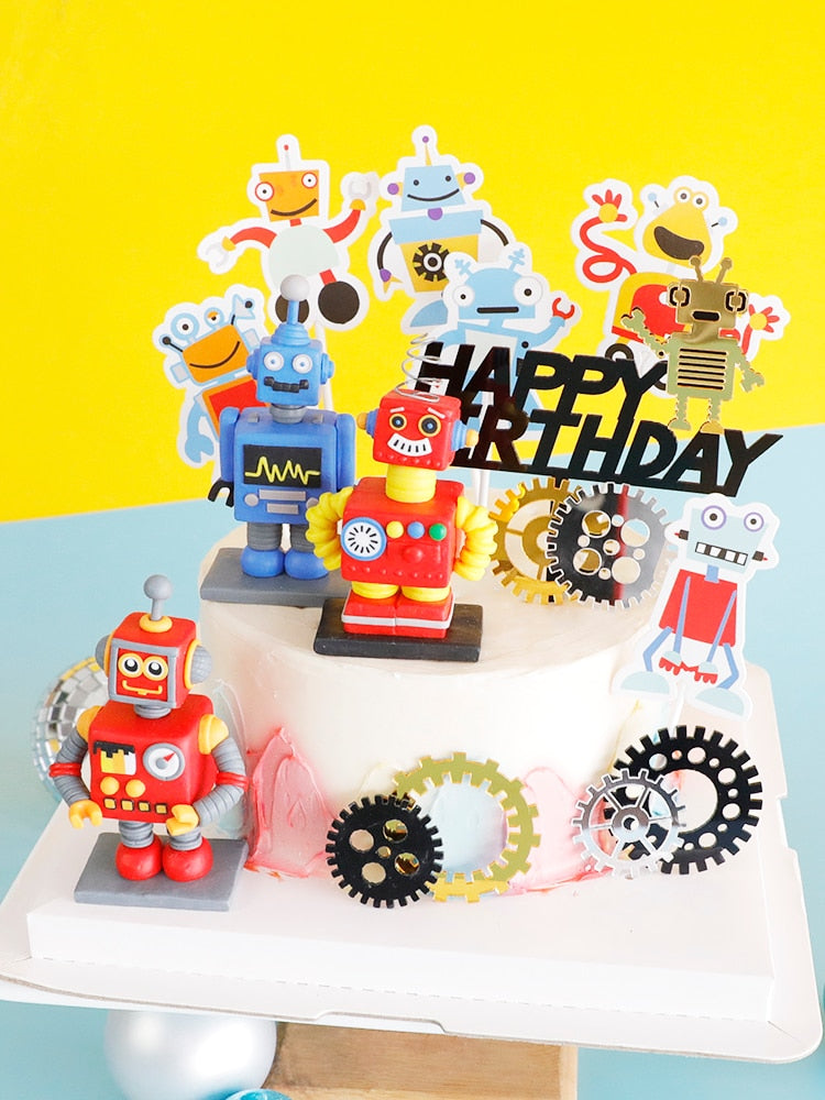 Cake Topper Baking  Punk City Mechanical Gear Birthday Card Plug-in Steam Robot Soft Pottery Doll Cake Decoration Party Supplies PartyDecorHQ