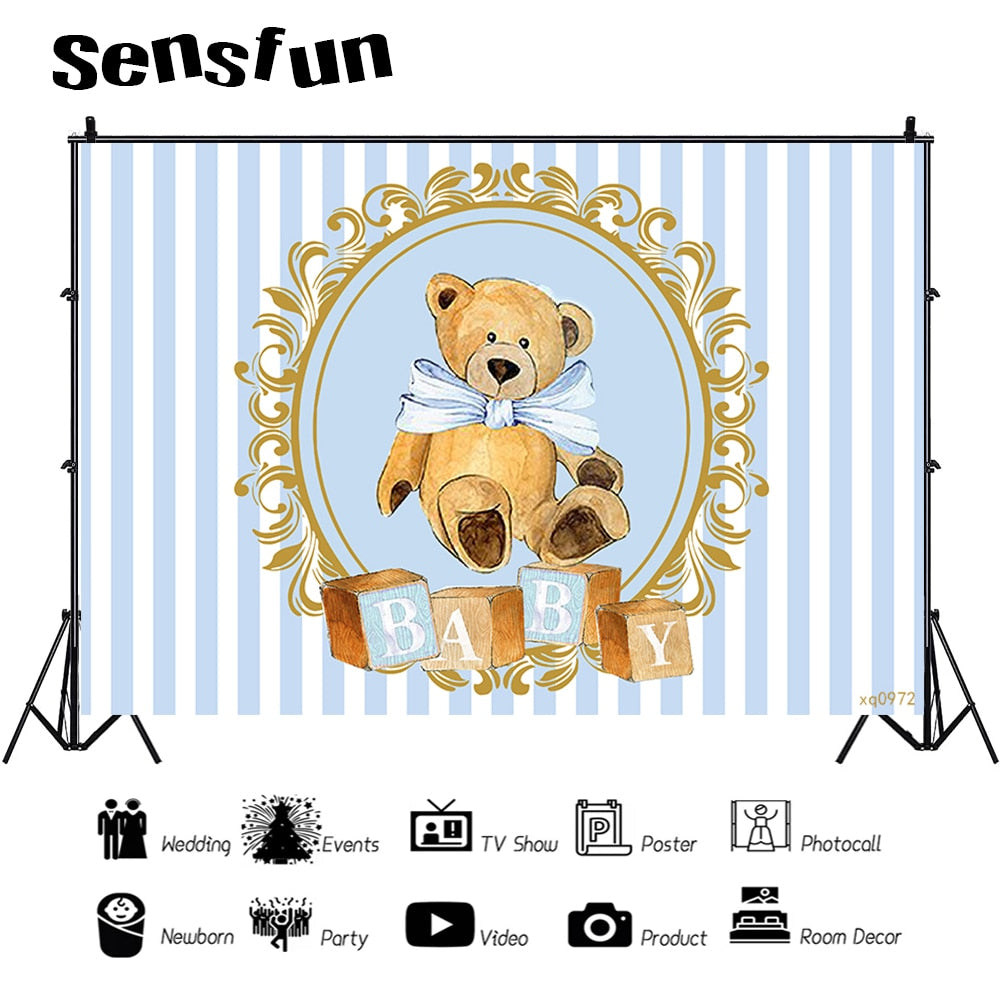 Blue White Striped Bear Boy Baby Shower Newborn Backdrop Photography Kids st Birthday Party Background Custom 