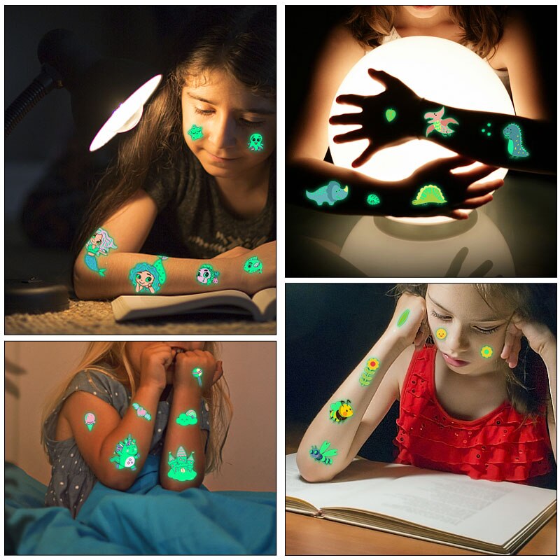 10pcs Luminous Tattoo Temporary Unicorn Mermaid Animals Dinosaur Tattoo on Face Arm Leg Children Cute Glowing Body Art Sticker PartyDecorHQ