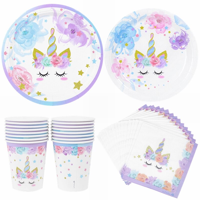 Unicorn Birthday Decoration Disposable Tableware Set Paper Plates Cups Napkins Kids Party Baby Shower Supplies 