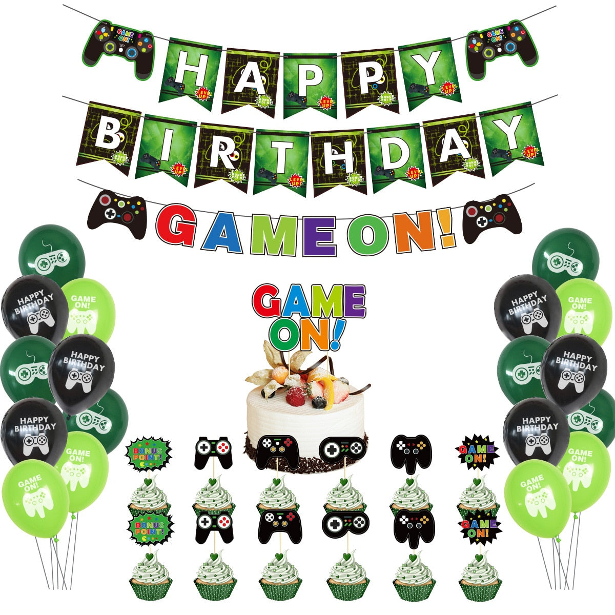 Game Theme Birthday Party Balloon Decoration Set Controller Banner Cake Topper Boy Supplies 