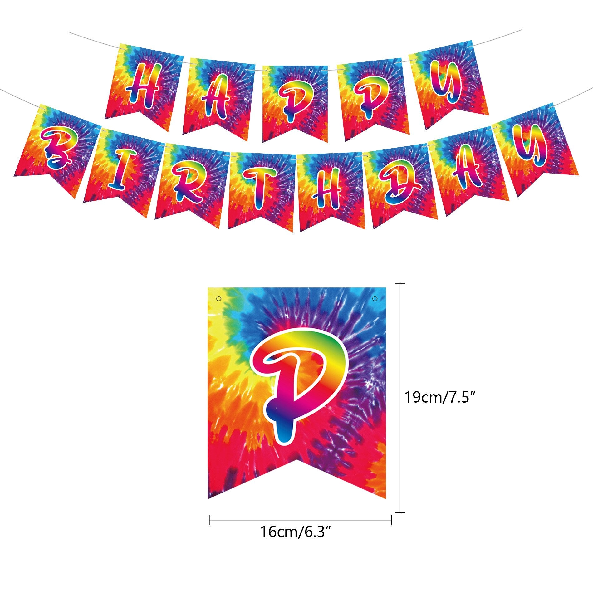 Tie-dye Theme Birthday Party Decoration Set Cake Topper Happy Banner Hanging Swirls Girls 